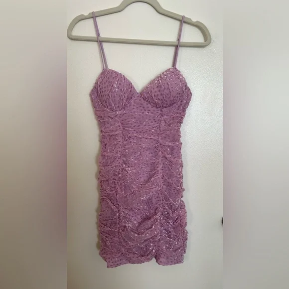 Purple Velvet Polka Dot Ruched Mini Dress - Picture 2 of 4